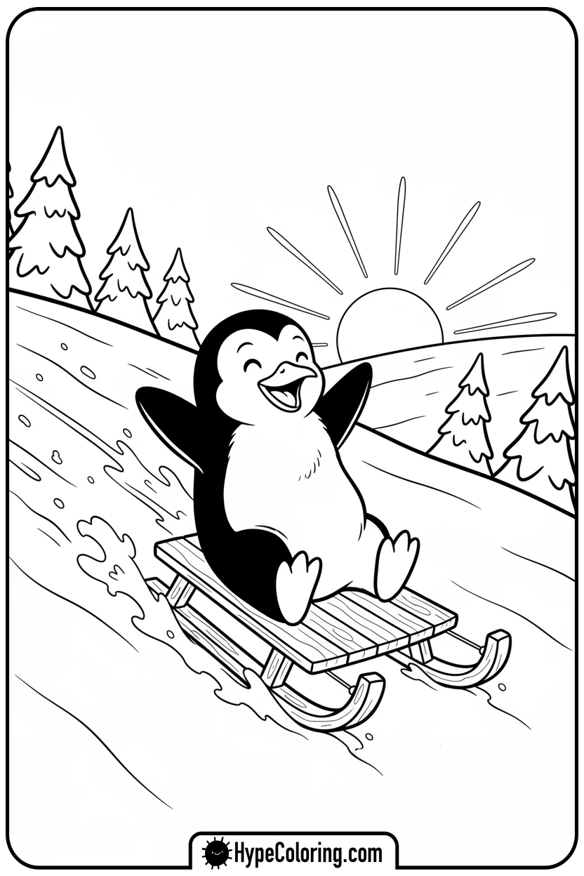 penguin-sledding-down-a-snowy-hill - penguin coloring pages