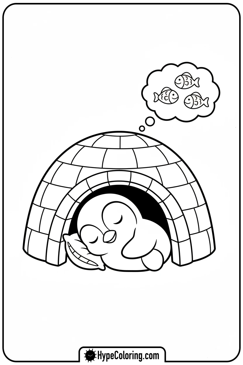 penguin-sleeping-peacefully-in-igloo - penguin coloring pages