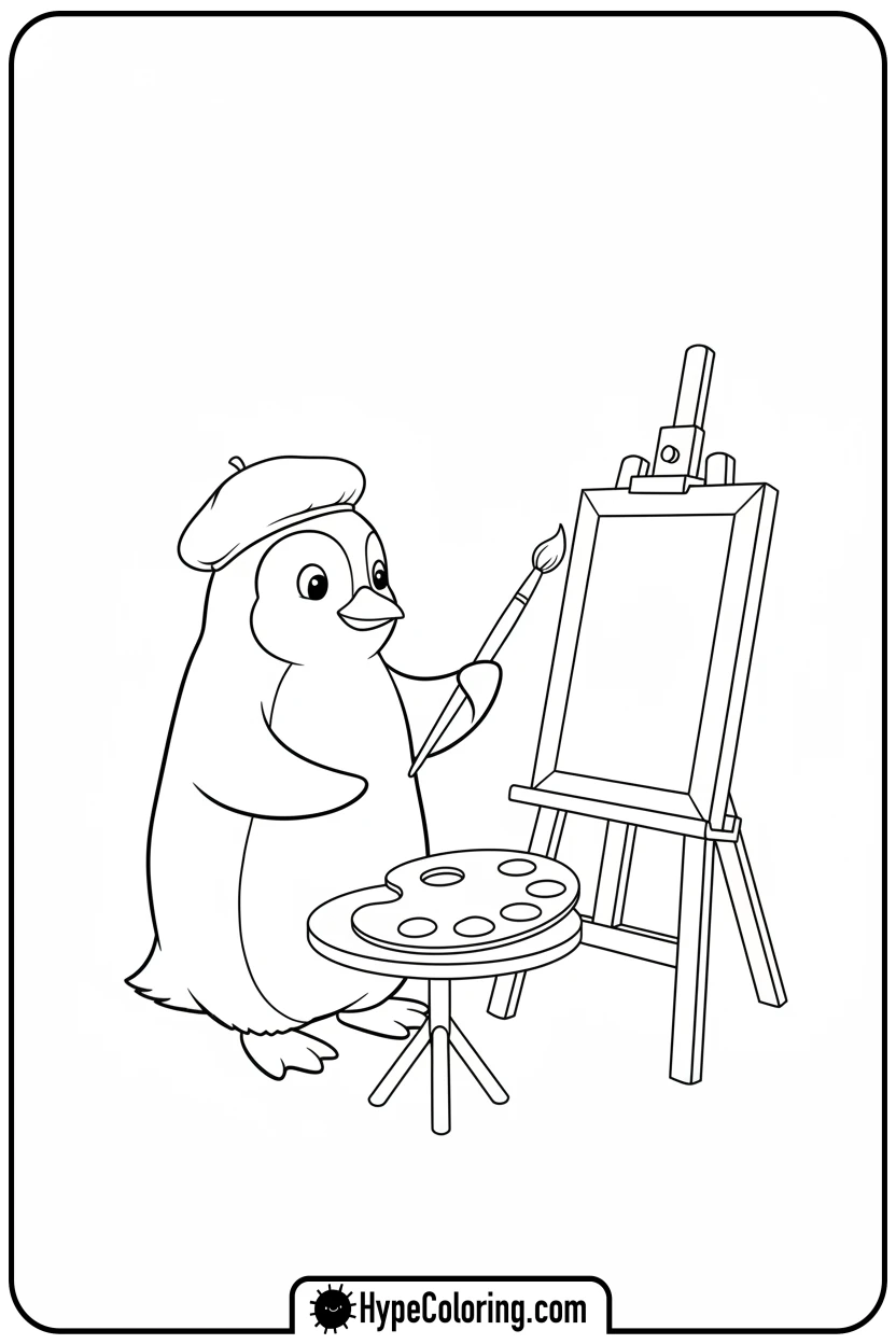 penguin-painting-on-an-easel-with-beret - penguin coloring pages