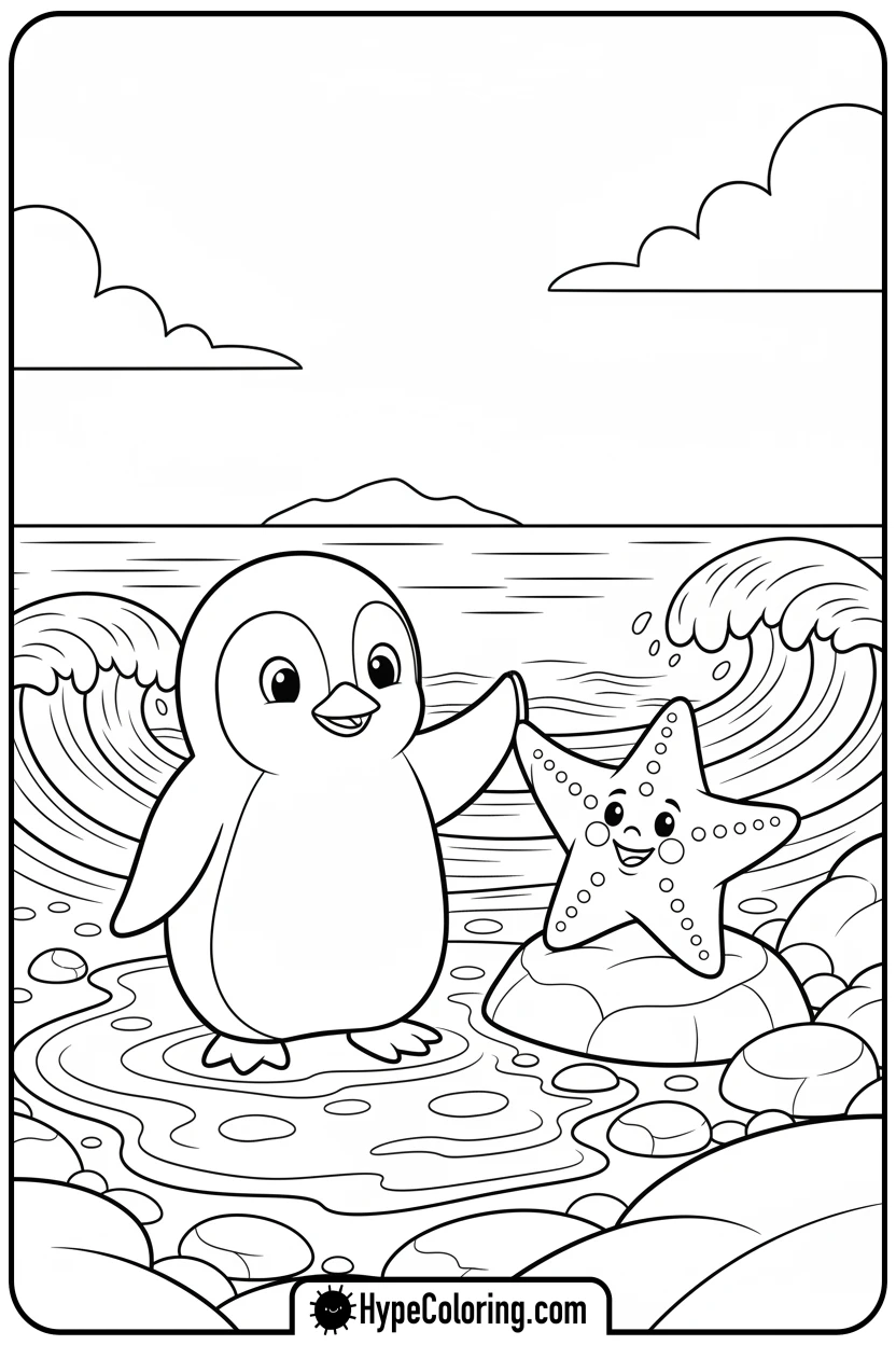 penguin-high-fiving-a-starfish - penguin coloring pages