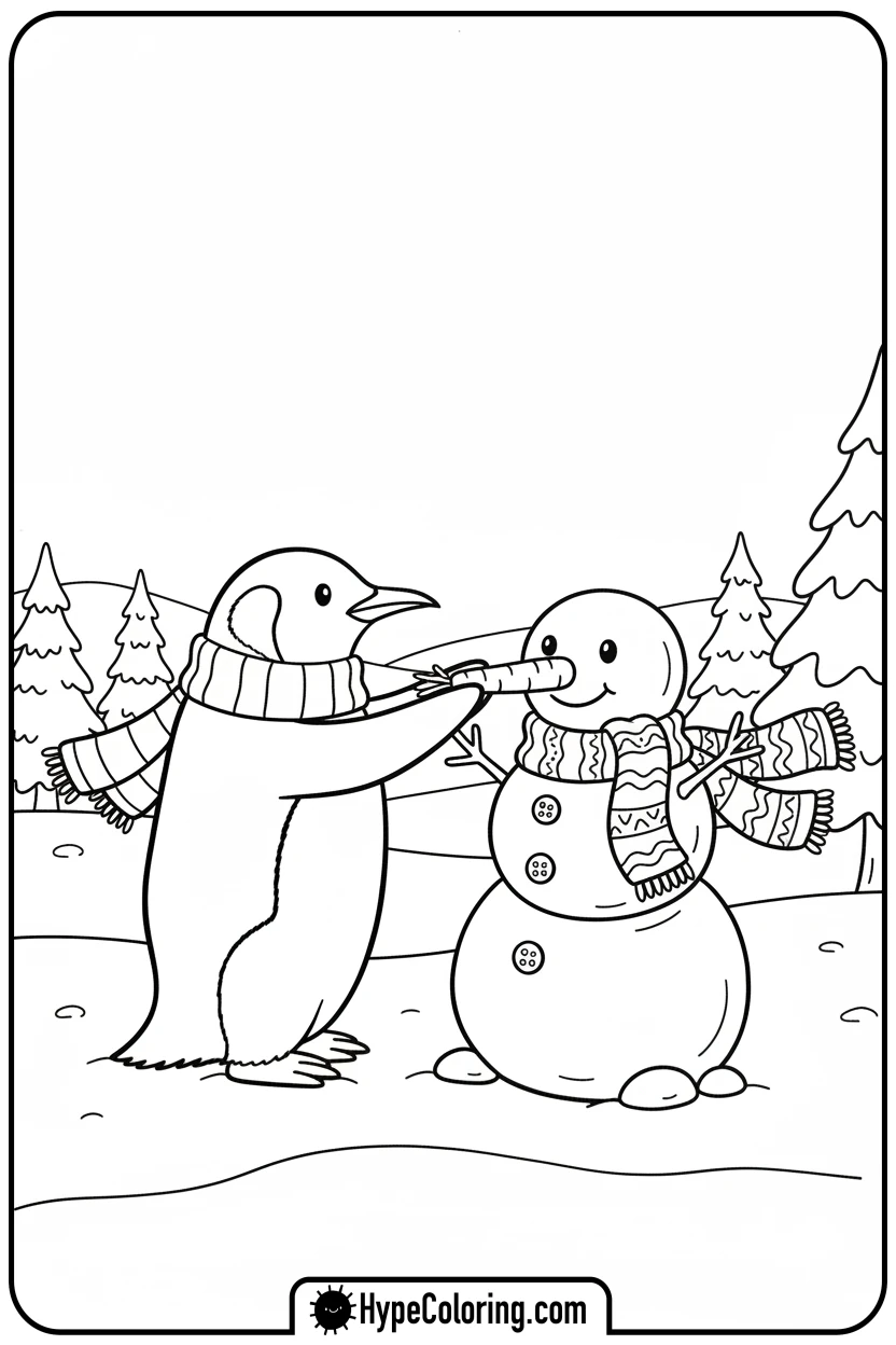 penguin-building-a-snowman-with-carrot-nose - penguin coloring pages
