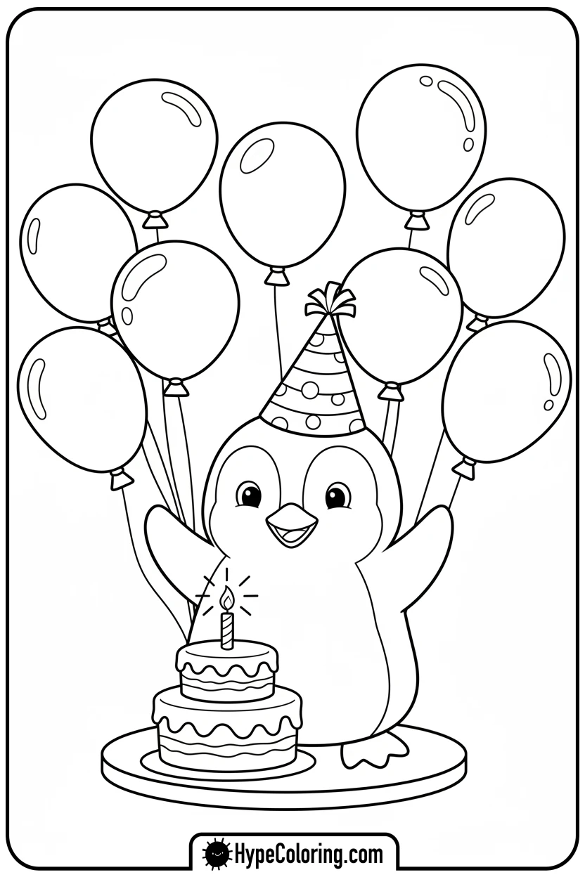 penguin-celebrating-birthday-with-cake-and-balloons - penguin coloring pages