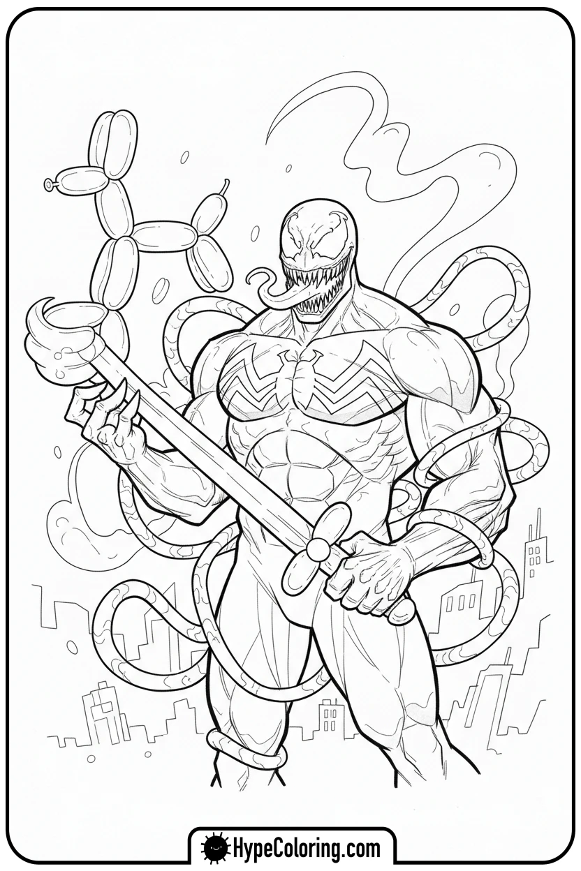 Click to download PDF venom-holding-balloon-animal - venom coloring pages