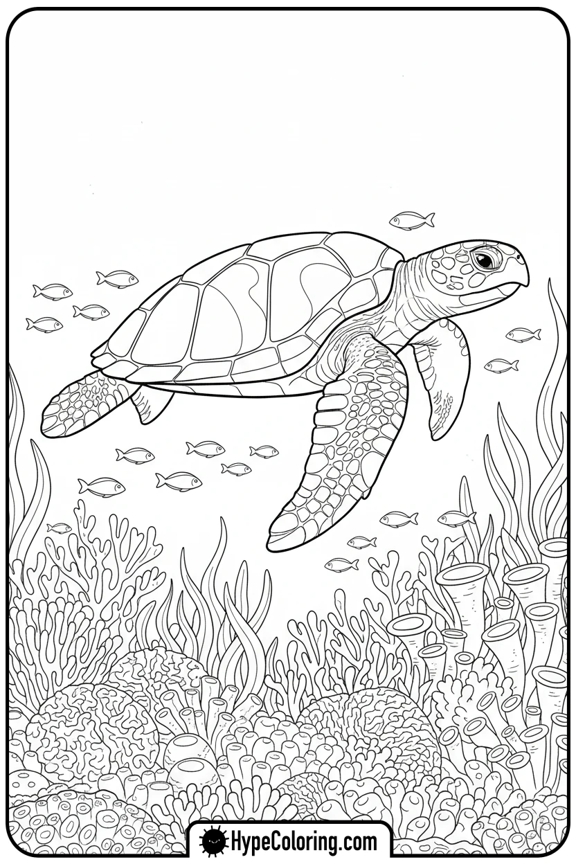 sea-turtle-swimming-in-coral - coloring page of ocean animals​