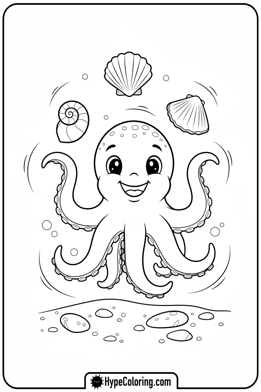octopus-juggling-seashells - coloring page of ocean animals​