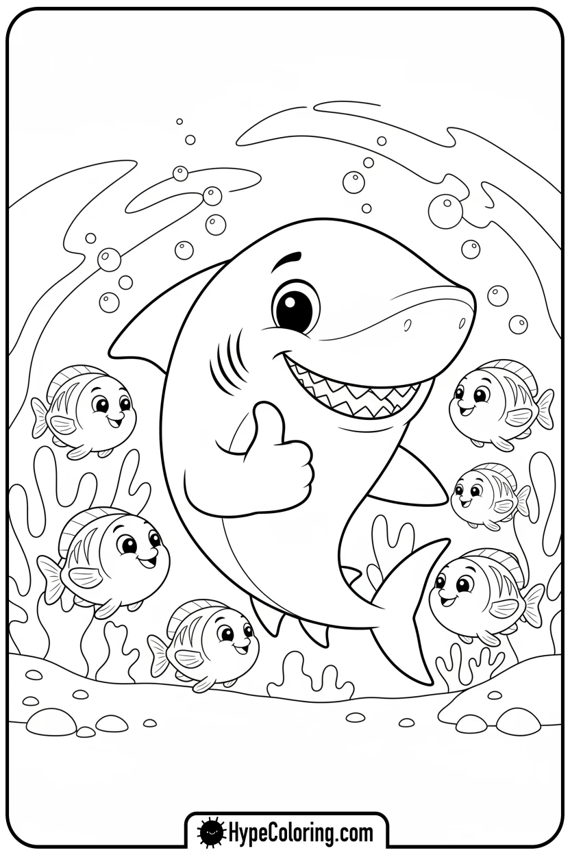 friendly-shark-with-fish - coloring page of ocean animals​