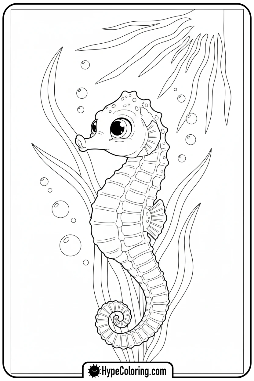 seahorse-clinging-to-kelp - coloring page of ocean animals​