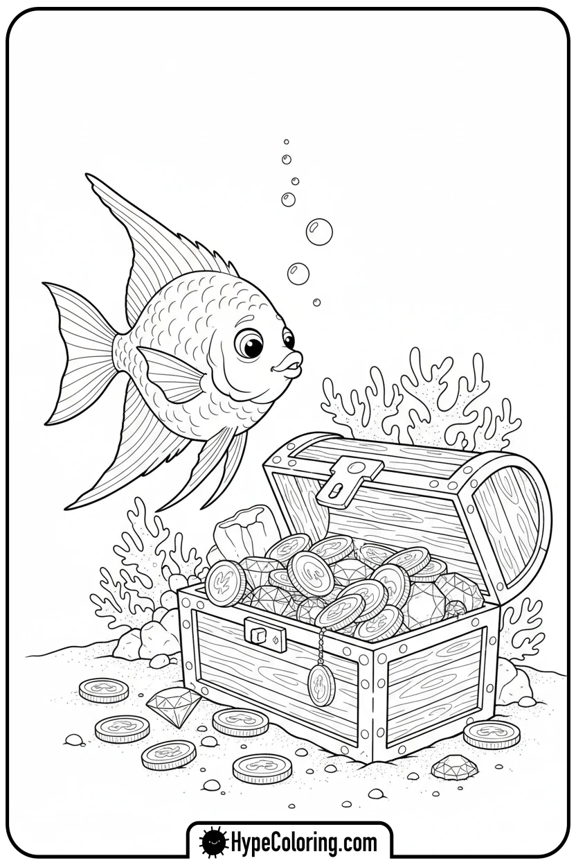 angelfish-exploring-treasure-chest - coloring page of ocean animals​