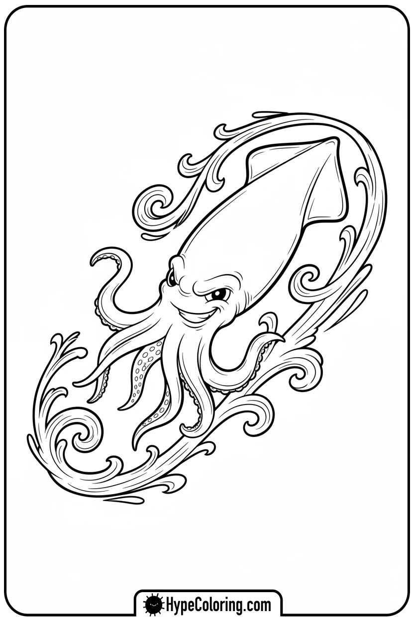 squid-with-ink-trail - coloring page of ocean animals​
