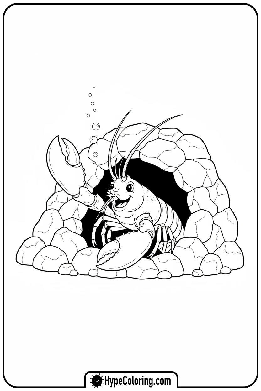 lobster-peeking-from-cave - coloring page of ocean animals​