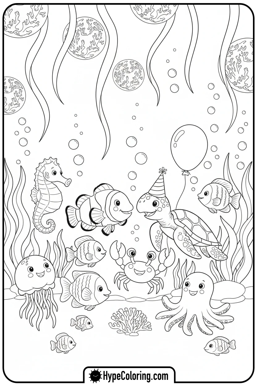 ocean-animals-underwater-party - coloring page of ocean animals​
