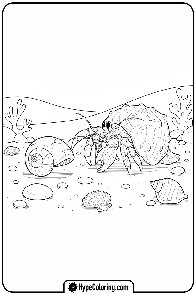 hermit-crab-trying-new-shell - coloring page of ocean animals​
