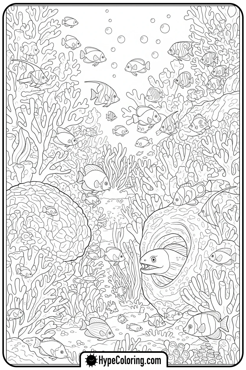 coral-reef-with-fish-and-eel - coloring page of ocean animals​