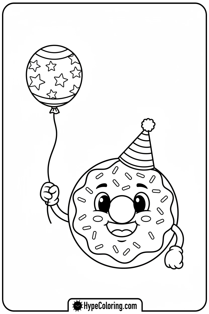 donut-with-party-hat-and-balloon - donut coloring page