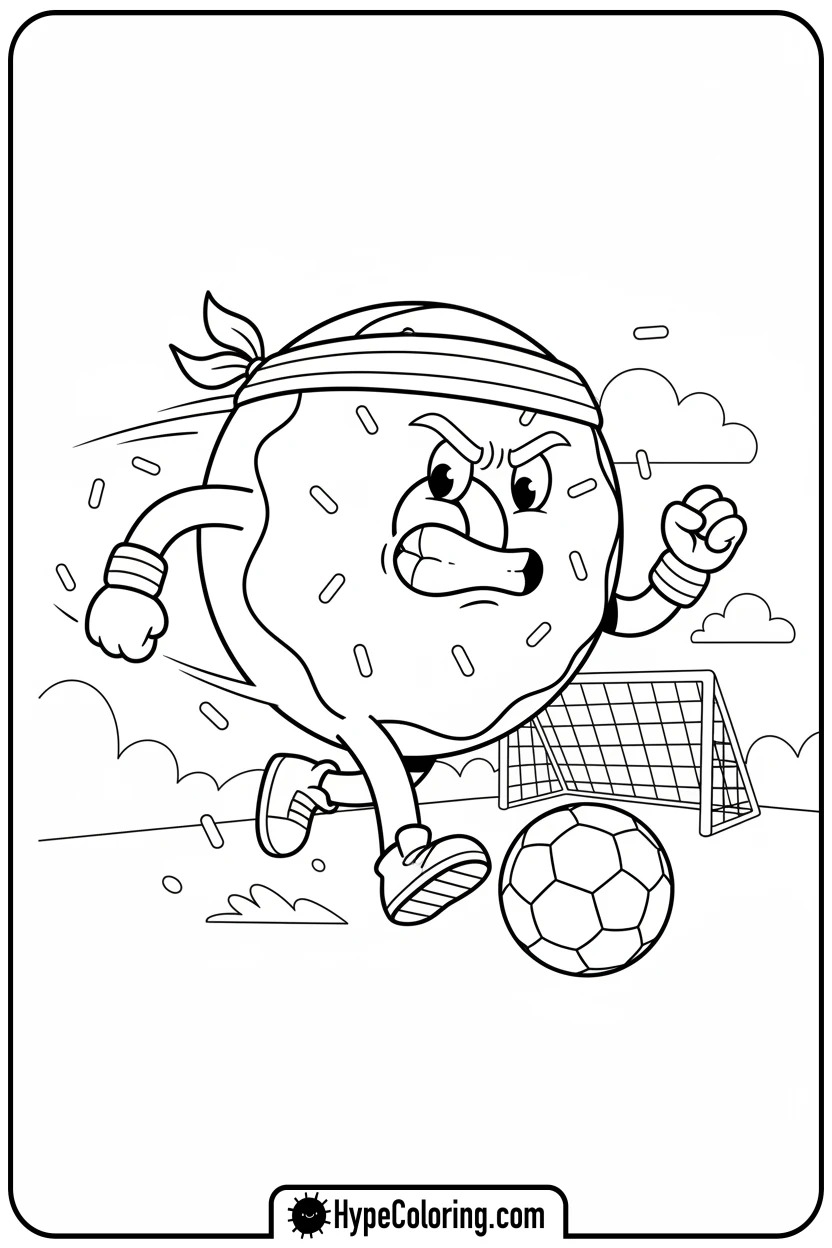 donut-playing-soccer - donut coloring page