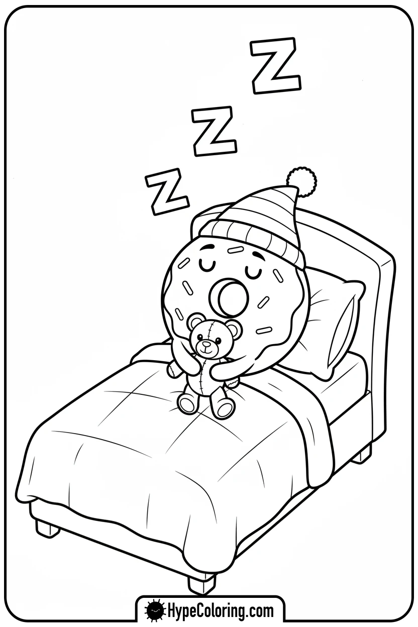donut-sleeping-in-bed - donut coloring page