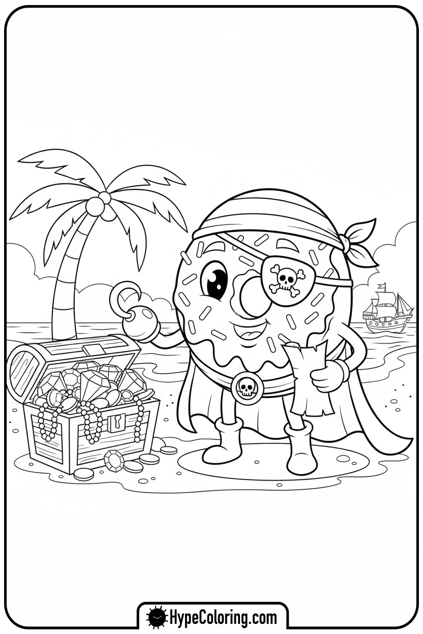 donut-pirate-with-treasure - donut coloring page