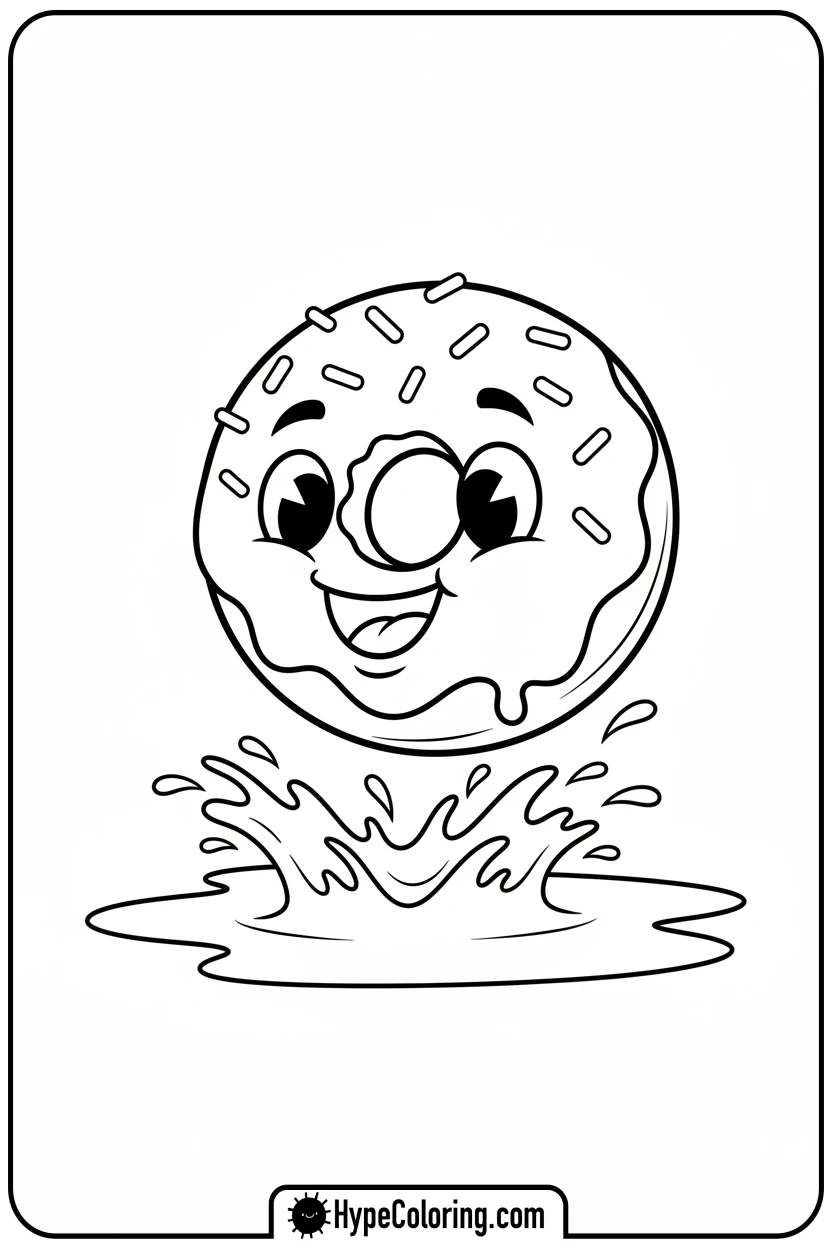 donut-jumping-over-puddle - donut coloring page