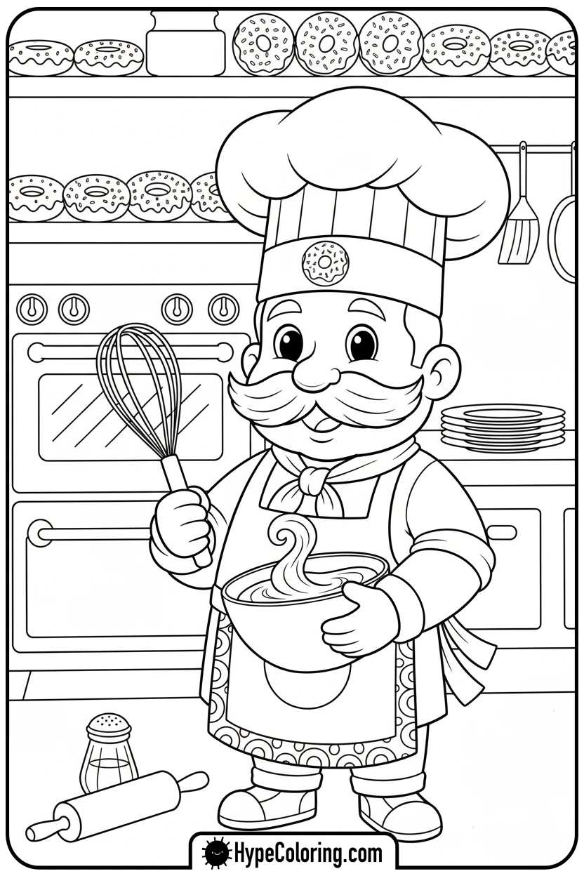 donut-chef-baking - donut coloring page