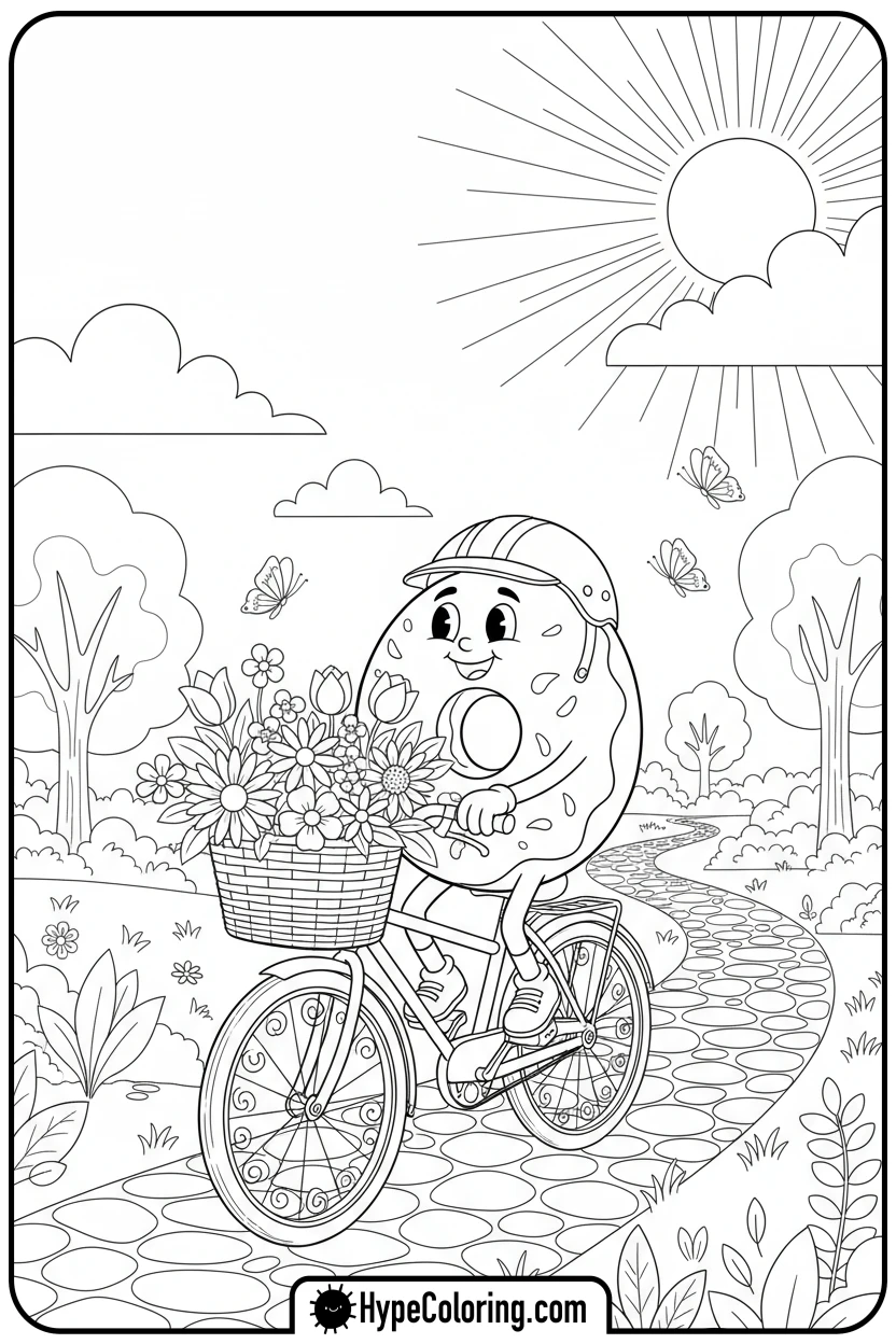donut-riding-a-bike - donut coloring page