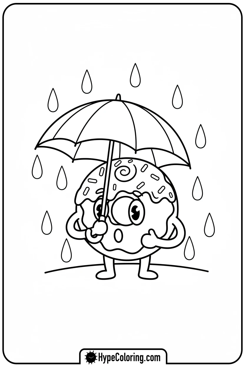 donut-with-umbrella-in-rain - donut coloring page