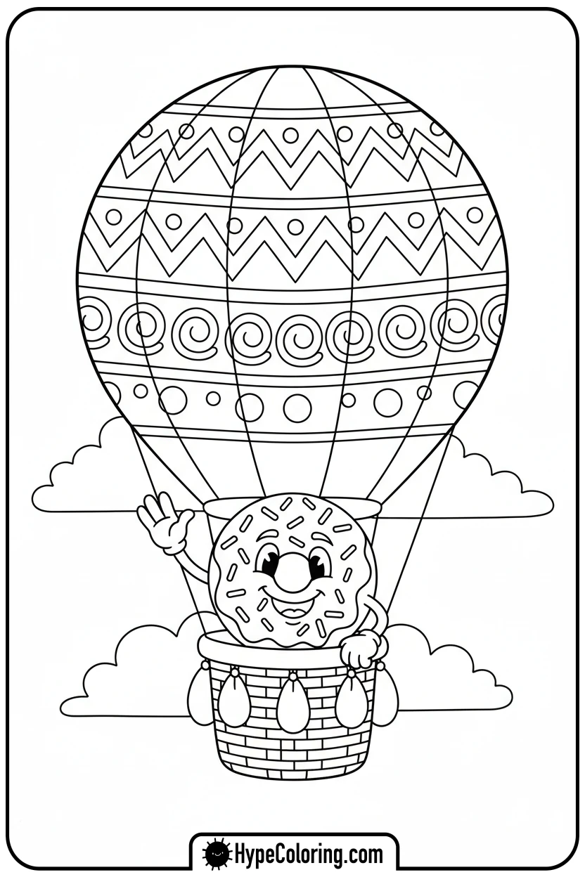 donut-in-hot-air-balloon - donut coloring page