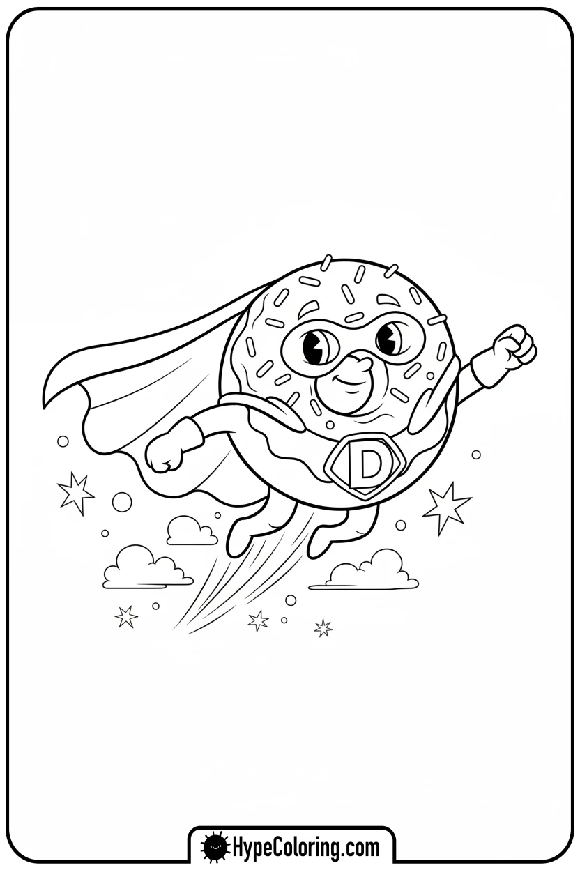 donut-superhero-flying - donut coloring page