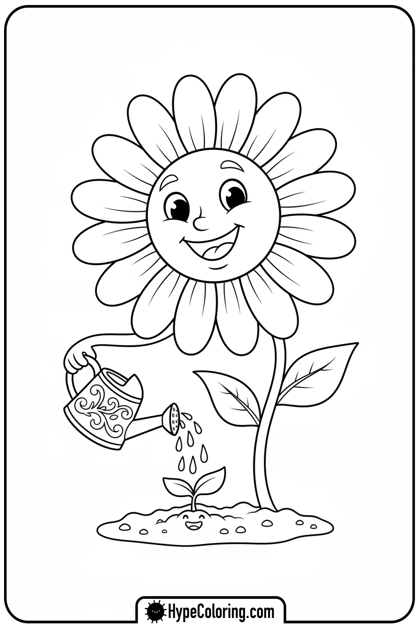 smiling-daisy-watering-sprout - flower coloring pages for adults