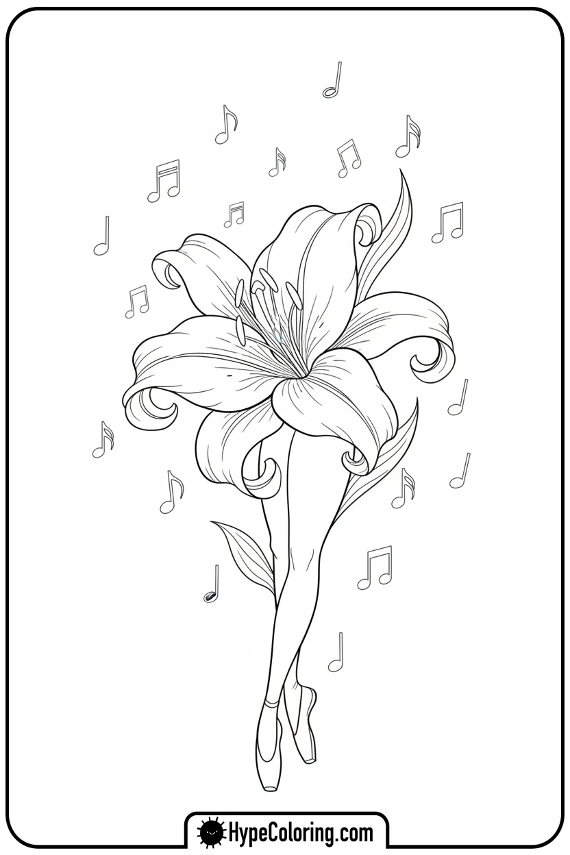 lily-dancing-with-music-notes - flower coloring pages for adults