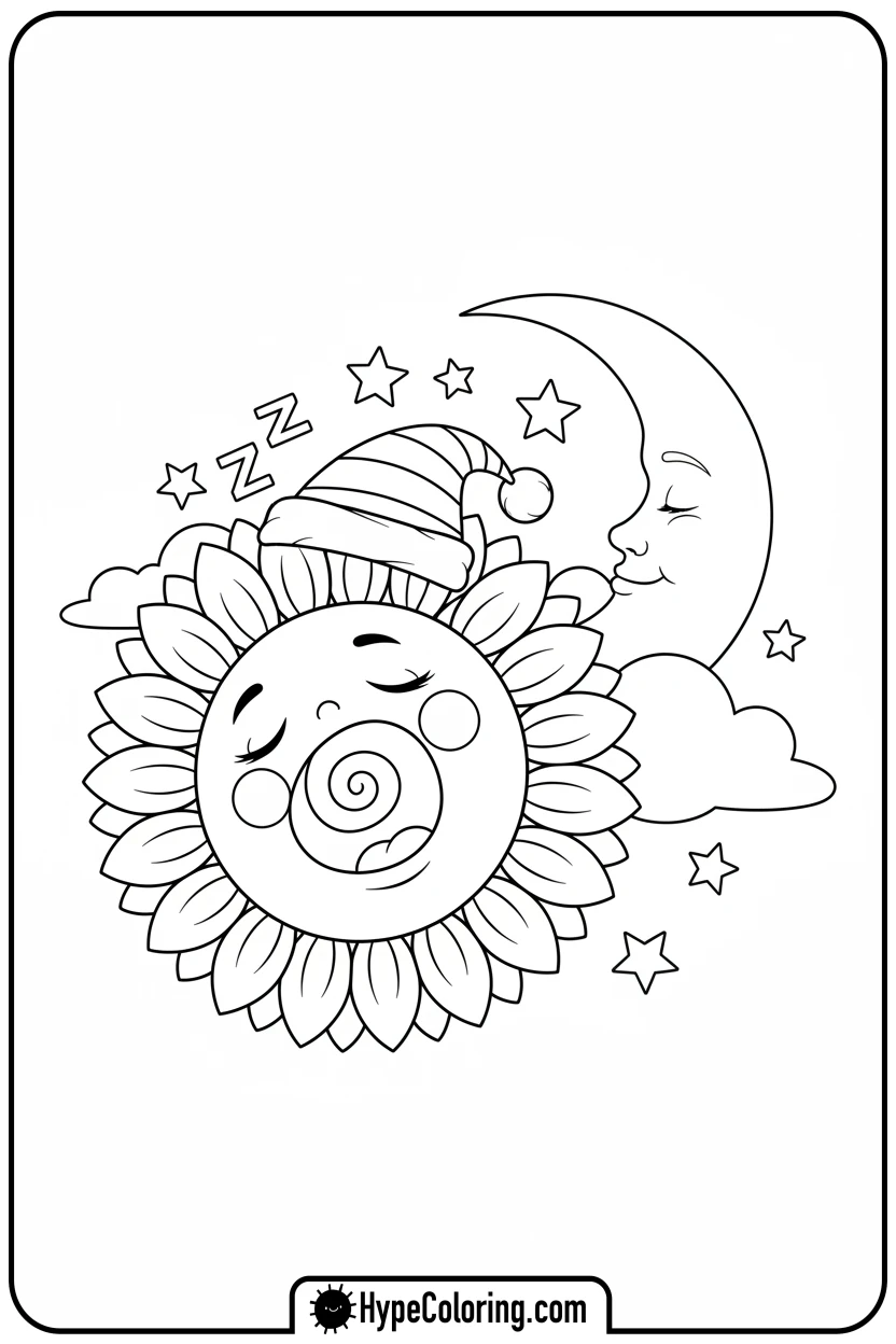 sleepy-sunflower-yawning - flower coloring pages for adults
