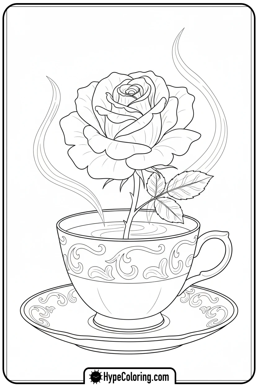 rose-in-a-teacup - flower coloring pages for adults
