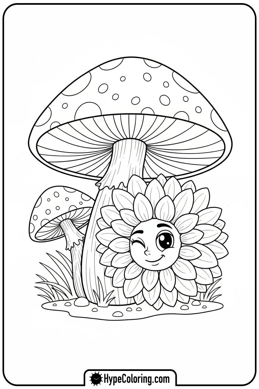 dahlia-peeking-from-mushroom - flower coloring pages for adults