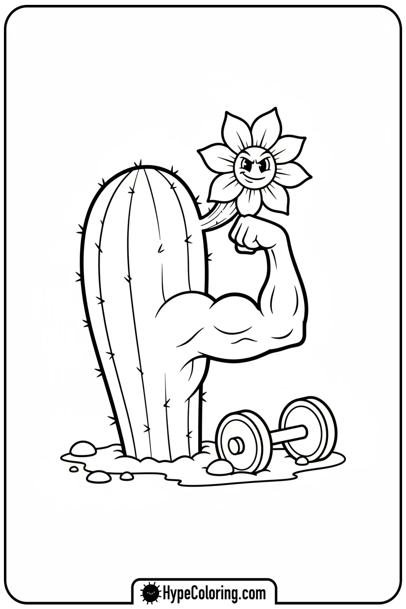 cactus-flower-lifting-weights - flower coloring pages for adults