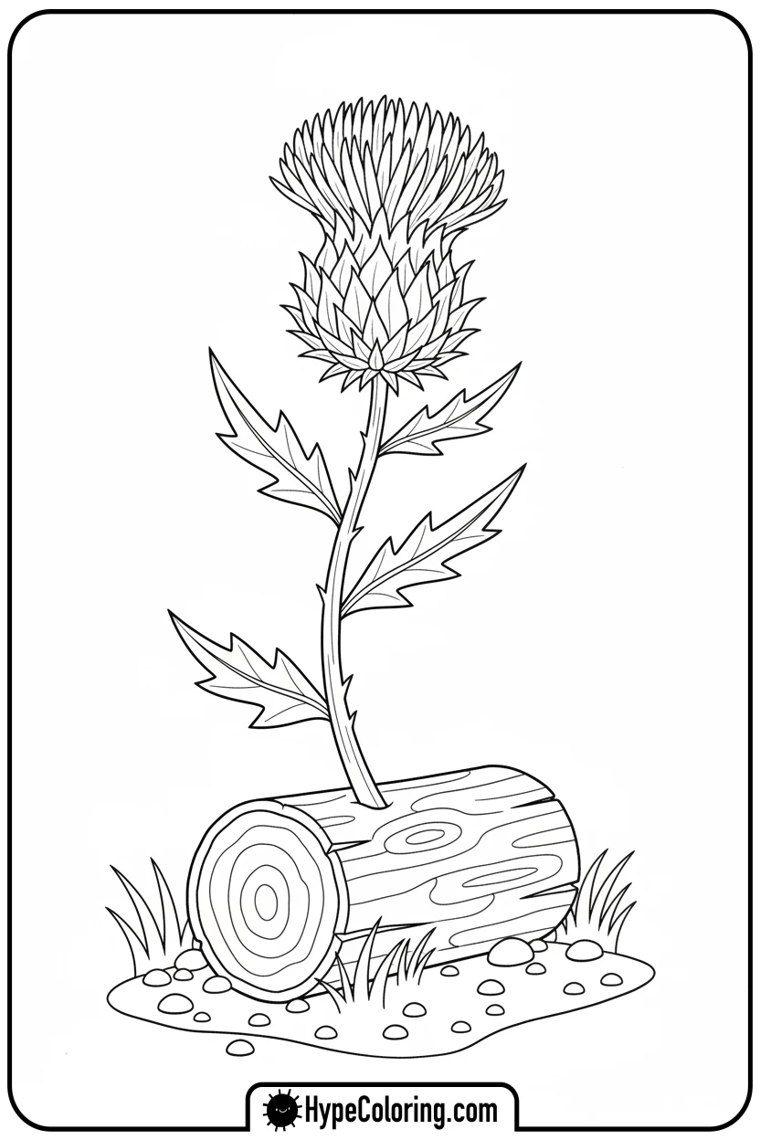 thistle-guarding-a-log - flower coloring pages for adults
