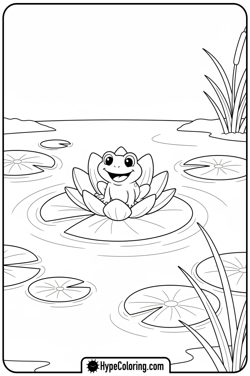 water-lily-with-frog - flower coloring pages for adults