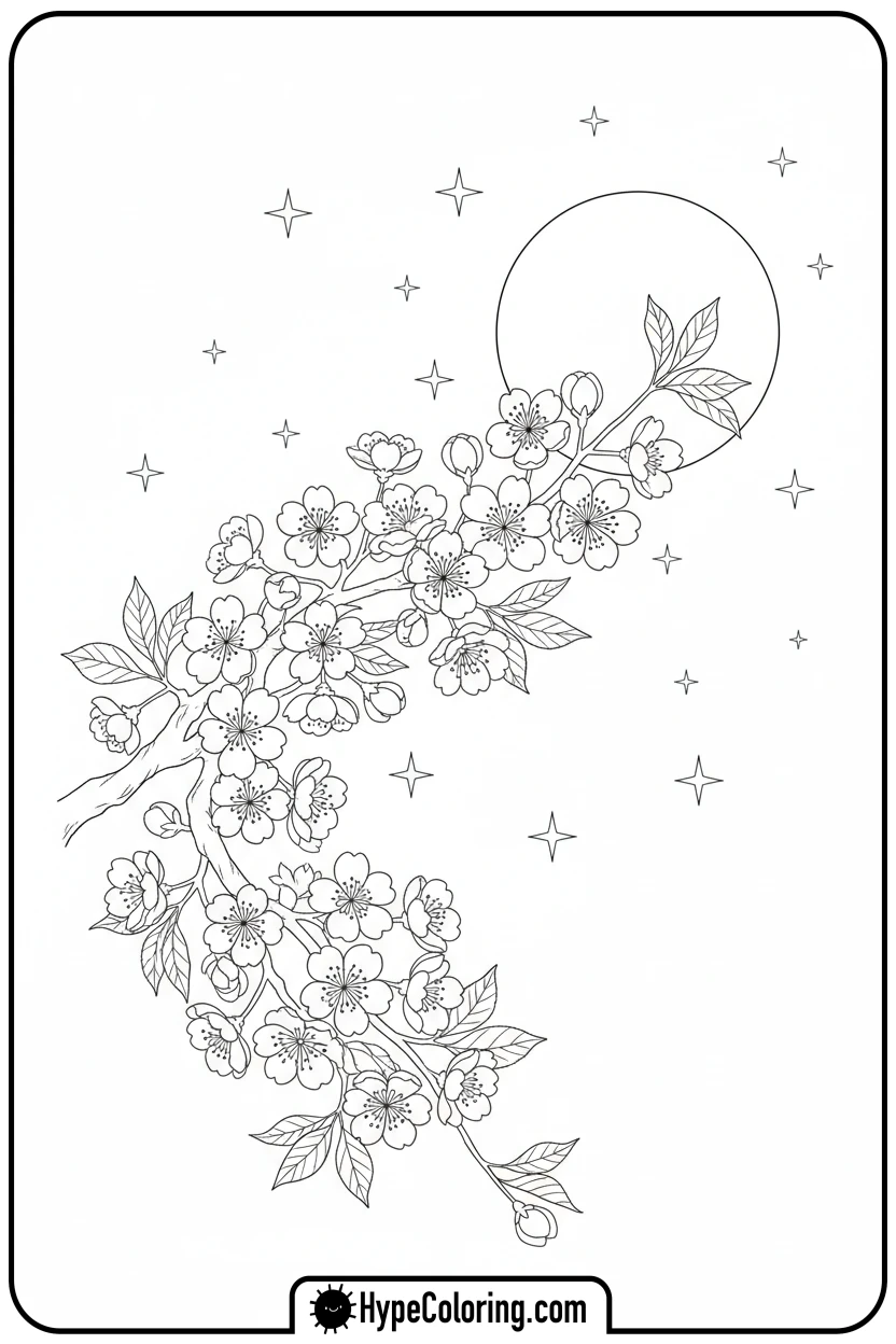 cherry-blossom-under-moon - flower coloring pages for adults