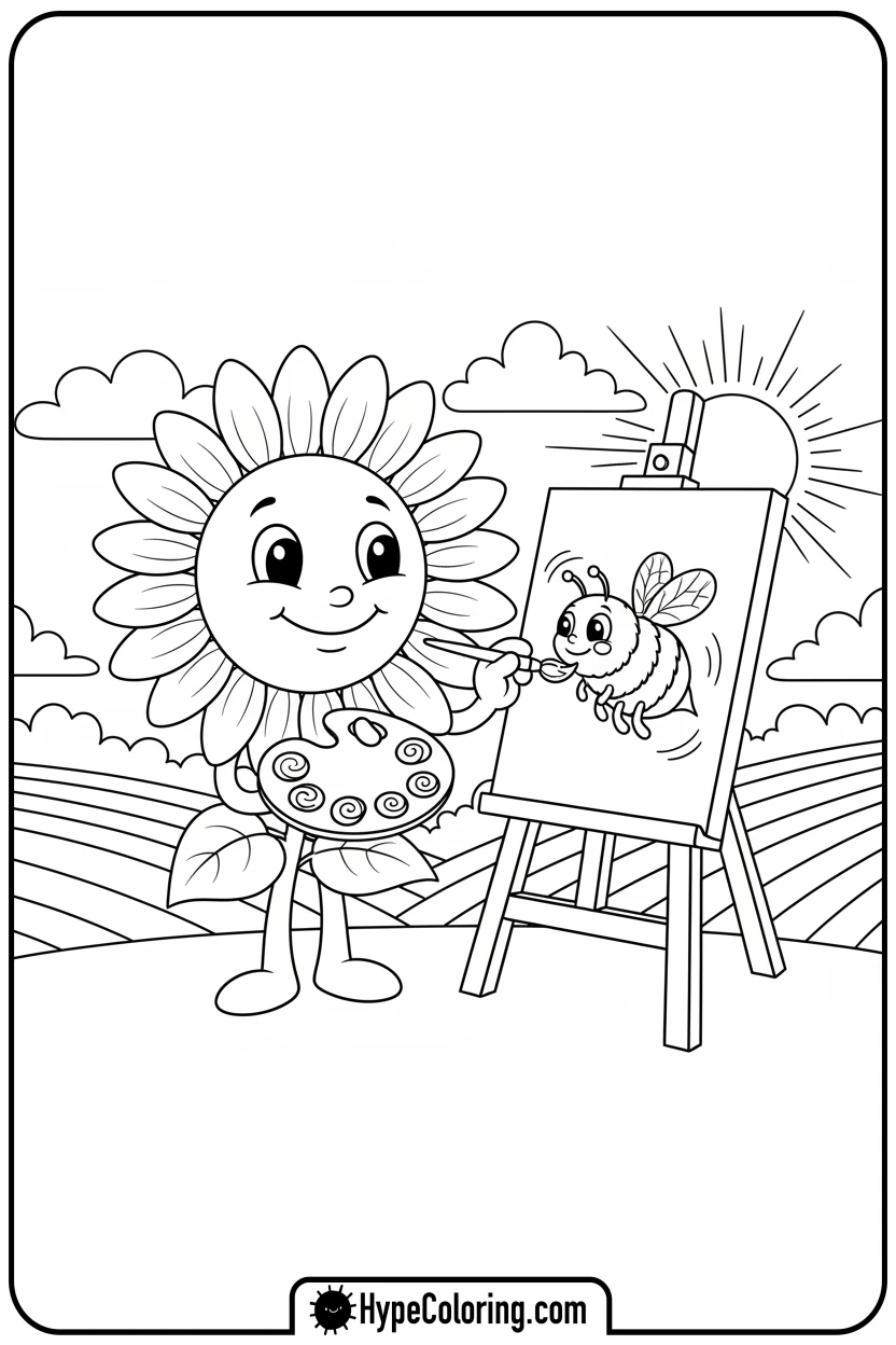 sunflower-painting-a-bee - flower coloring pages for adults
