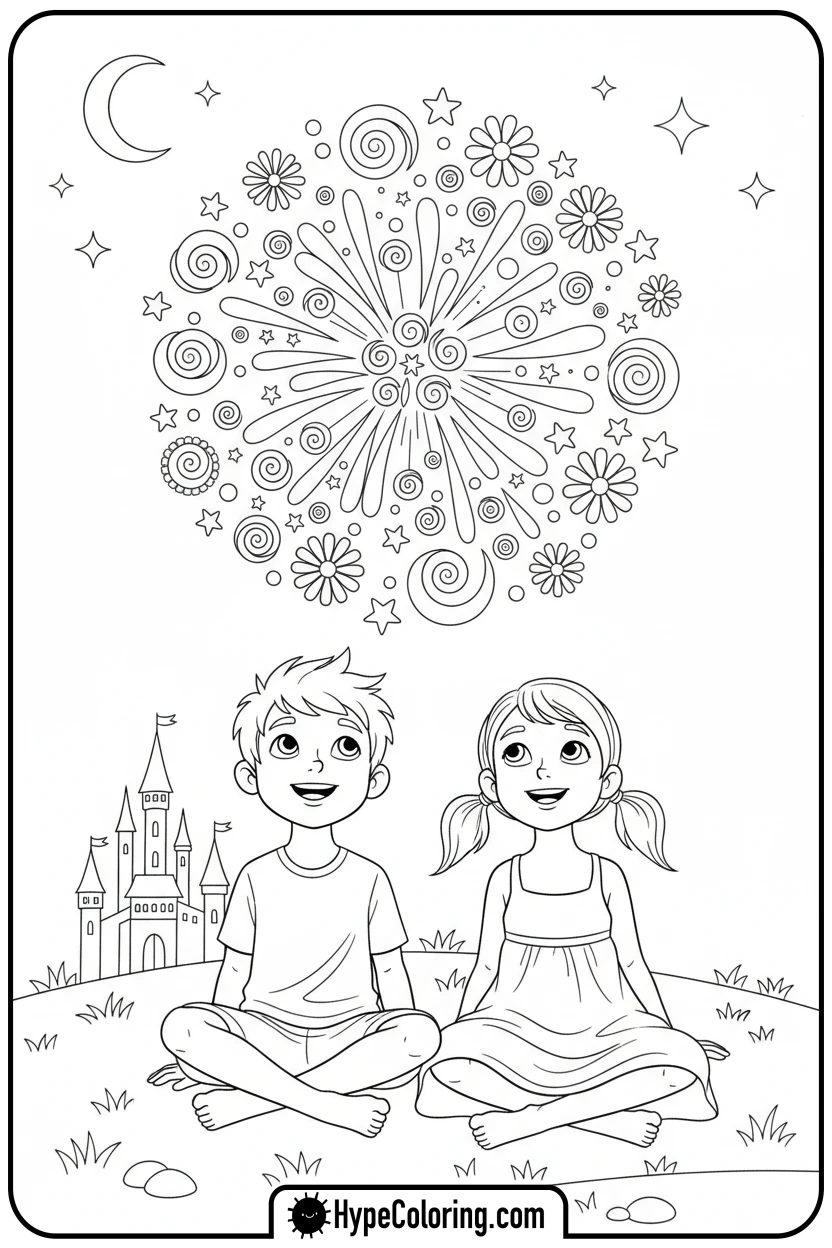 kids-watching-fireworks - 4th of july coloring pages