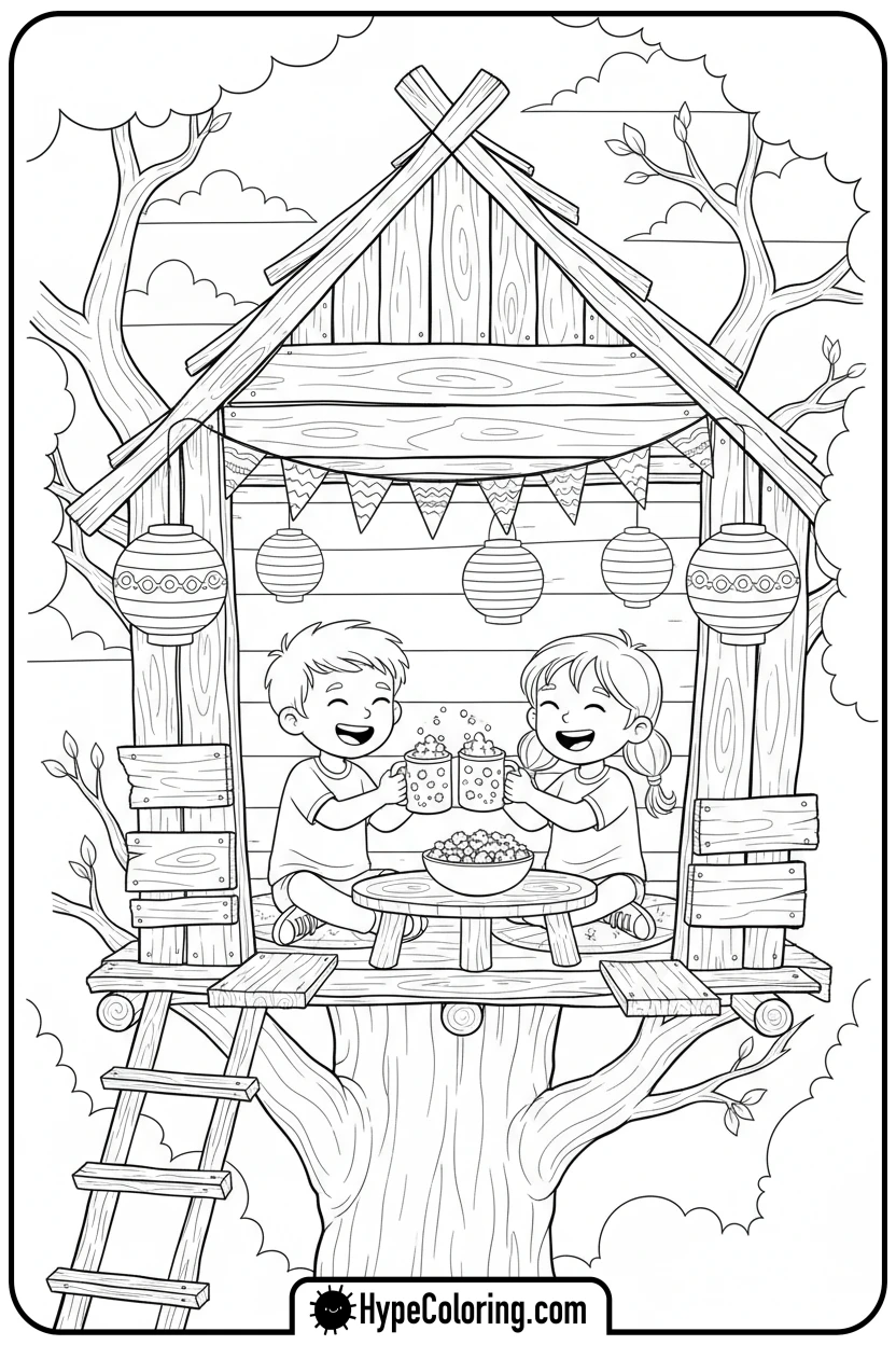 kids-in-decorated-treehouse - 4th of july coloring pages