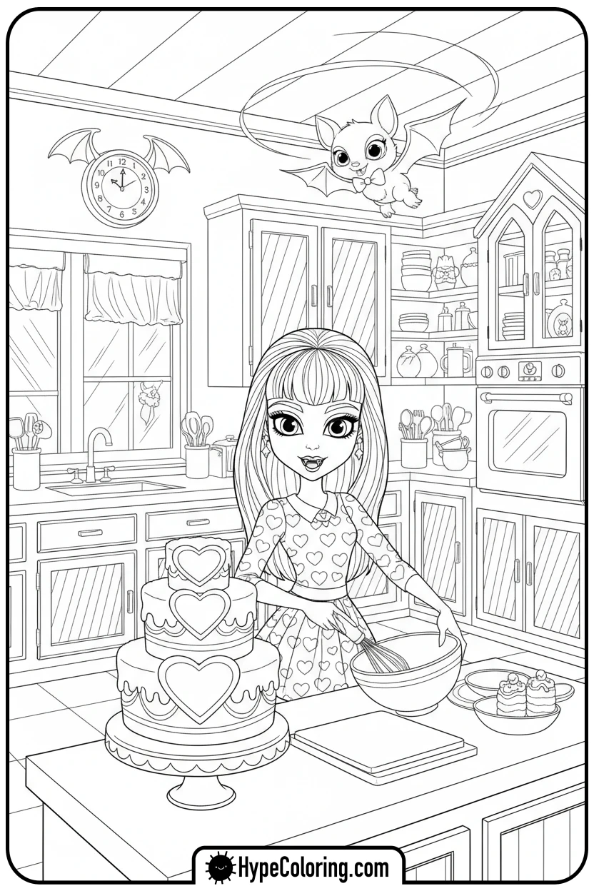 Click to download PDF draculaura-baking-cake - monster high coloring pages
