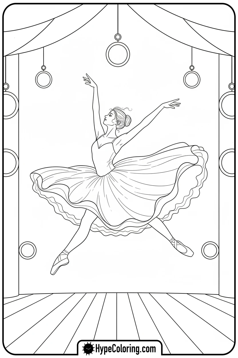 Click to download PDF ballerina-leaping-on-stage - ballet coloring pages