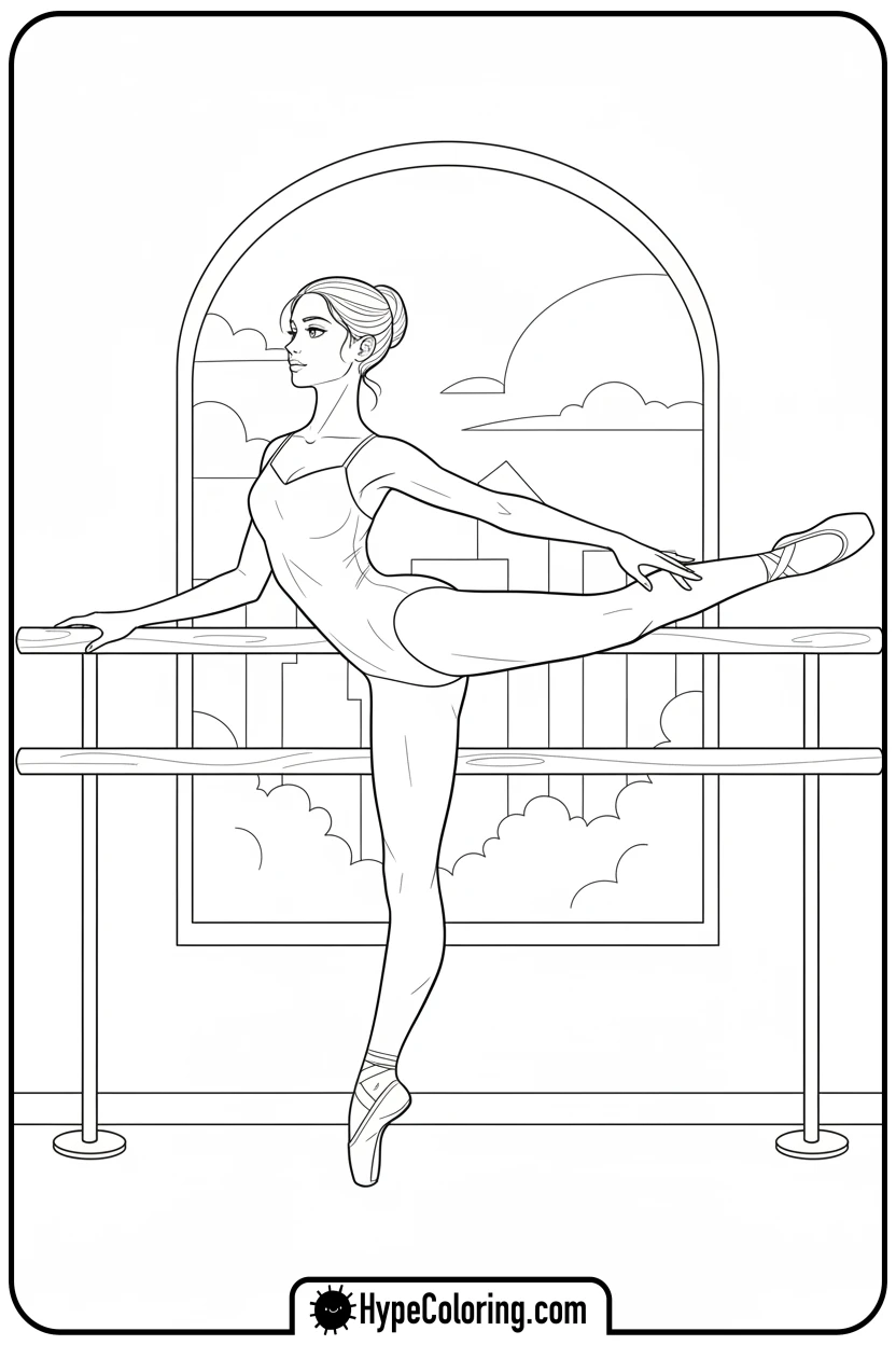 Click to download PDF ballerina-stretching-at-barre - ballet coloring pages