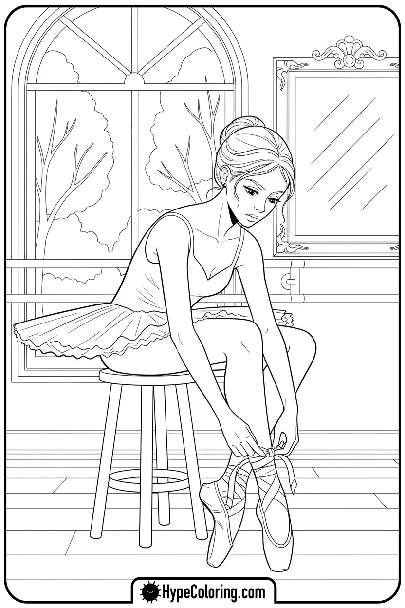 Click to download PDF ballerina-tying-pointe-shoes - ballet coloring pages