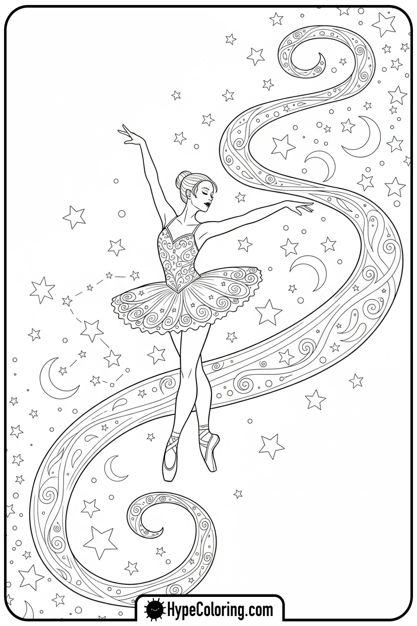 Click to download PDF ballerina-with-glowing-ribbon - ballet coloring pages