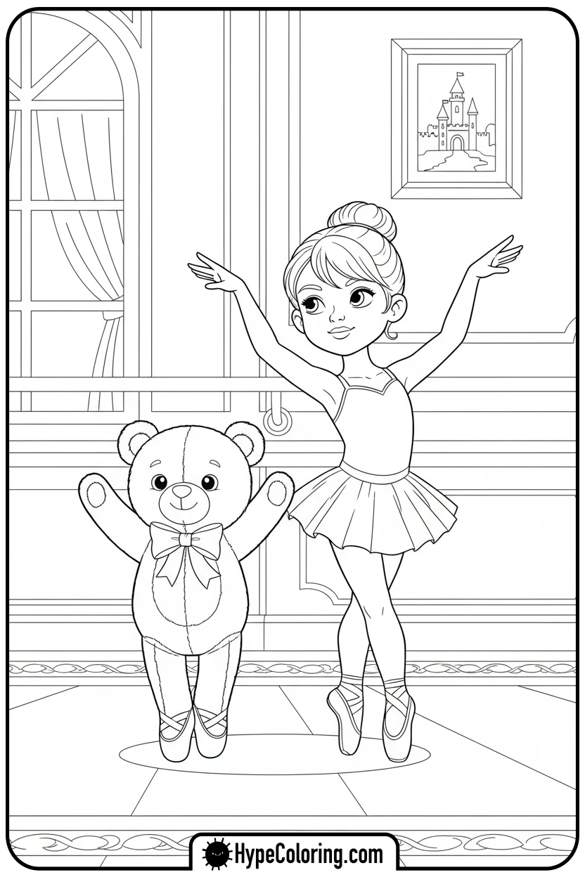 Click to download PDF ballerina-and-teddy-bear - ballet coloring pages