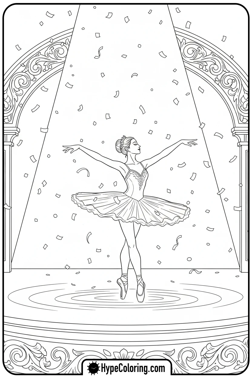 Click to download PDF ballerina-twirling-with-confetti - ballet coloring pages