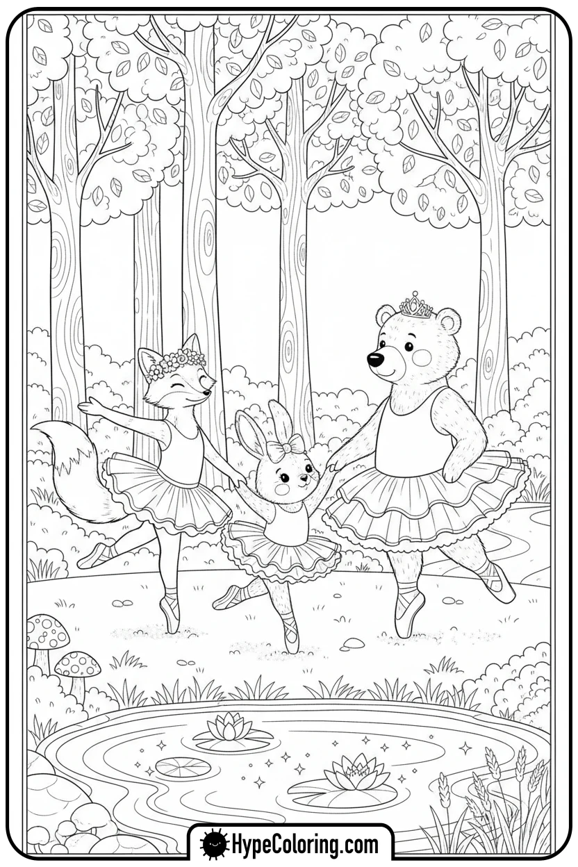 Click to download PDF animal-ballerinas-in-forest - ballet coloring pages