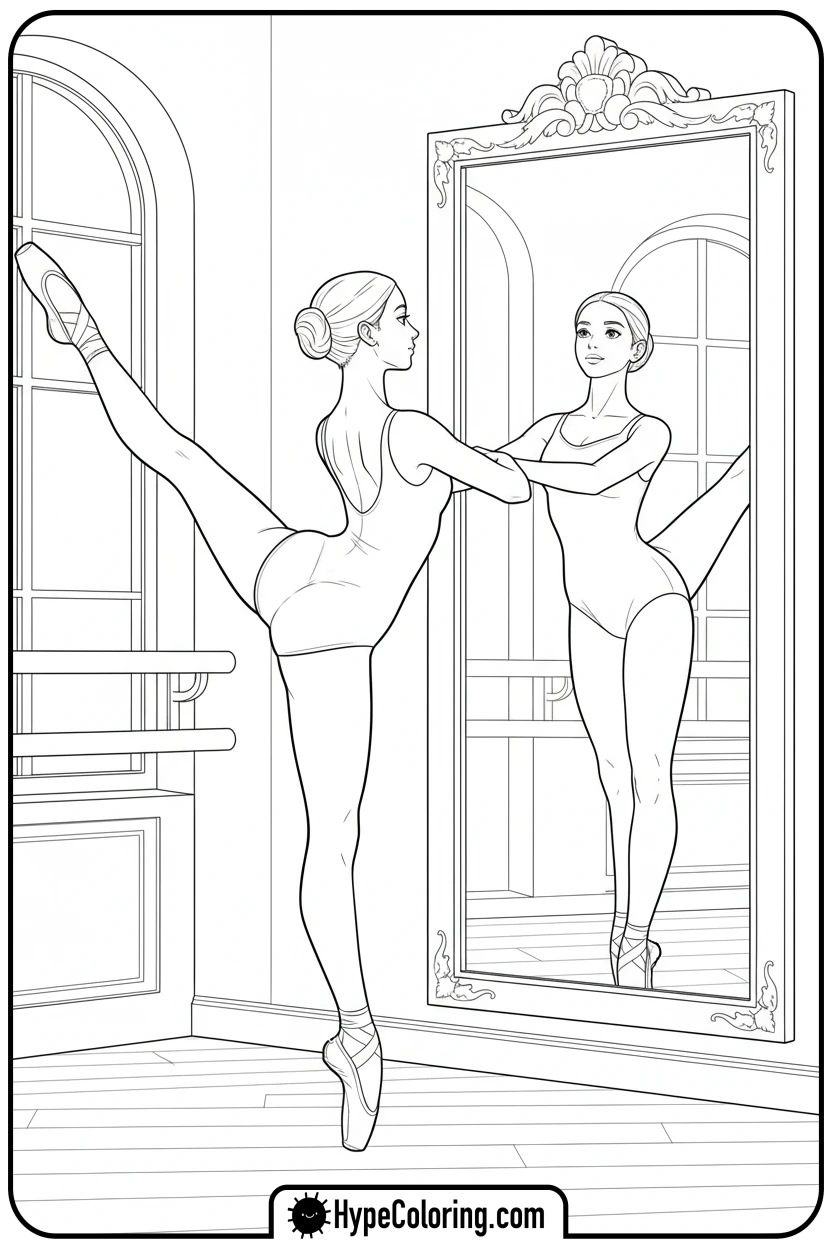 Click to download PDF ballerina-practicing-with-mirror - ballet coloring pages