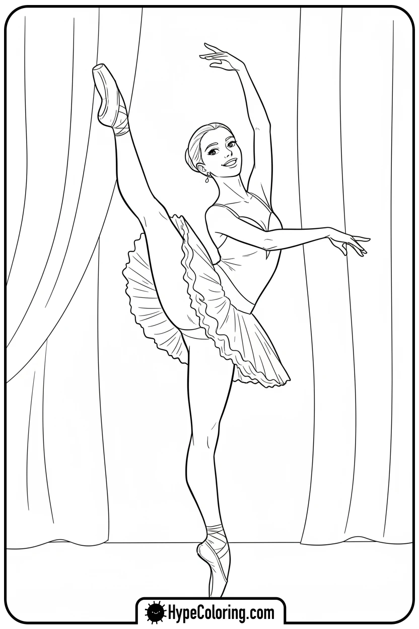 Click to download PDF ballerina-doing-high-kick - ballet coloring pages