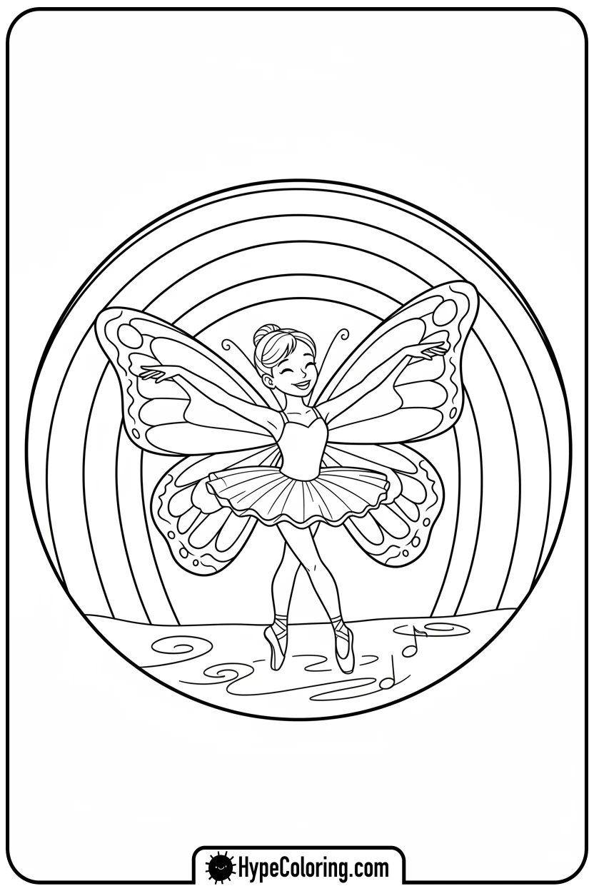 Click to download PDF ballerina-with-butterfly-under-rainbow - ballet coloring pages